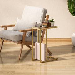 C-Shaped Side Table, Modern Slim End Table with Tempered Glass Tabletop, Steel Frame for Small Space, Living Room, Bedroom, Gold Tone