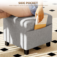 Fynco - Square Footstool, Small Ottoman with Side Pocket, Linen Fabric Footrest Foot Stool with Rubber Wood Legs and Padded Seat for Living Room, Bedroom, Entryway, 35 x 35 x 35cm, Light Grey