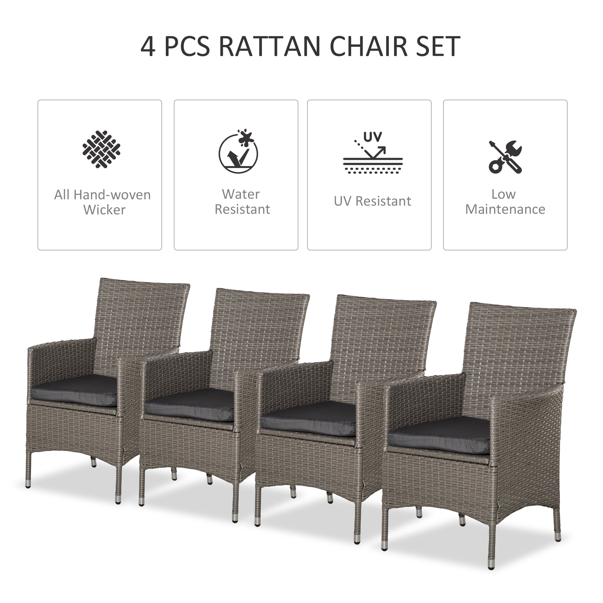 Set of Four Rattan Armchairs, with Cushions - Grey