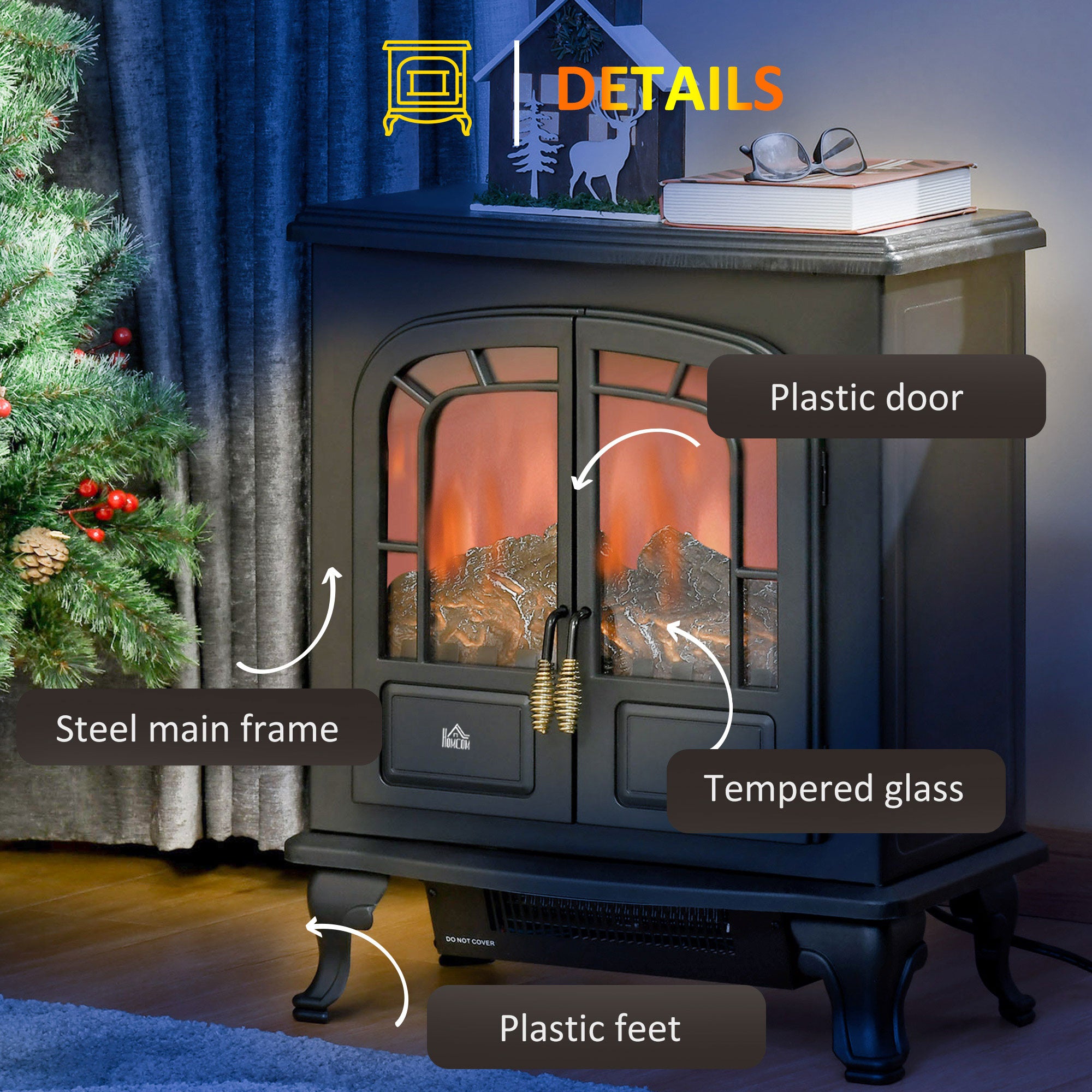 Fynco - Electric Fireplace Stove Heater with LED Fire Flame Effect, Double Door, Freestanding & Portable with Overheat Protection, 1000W/2000W, Black