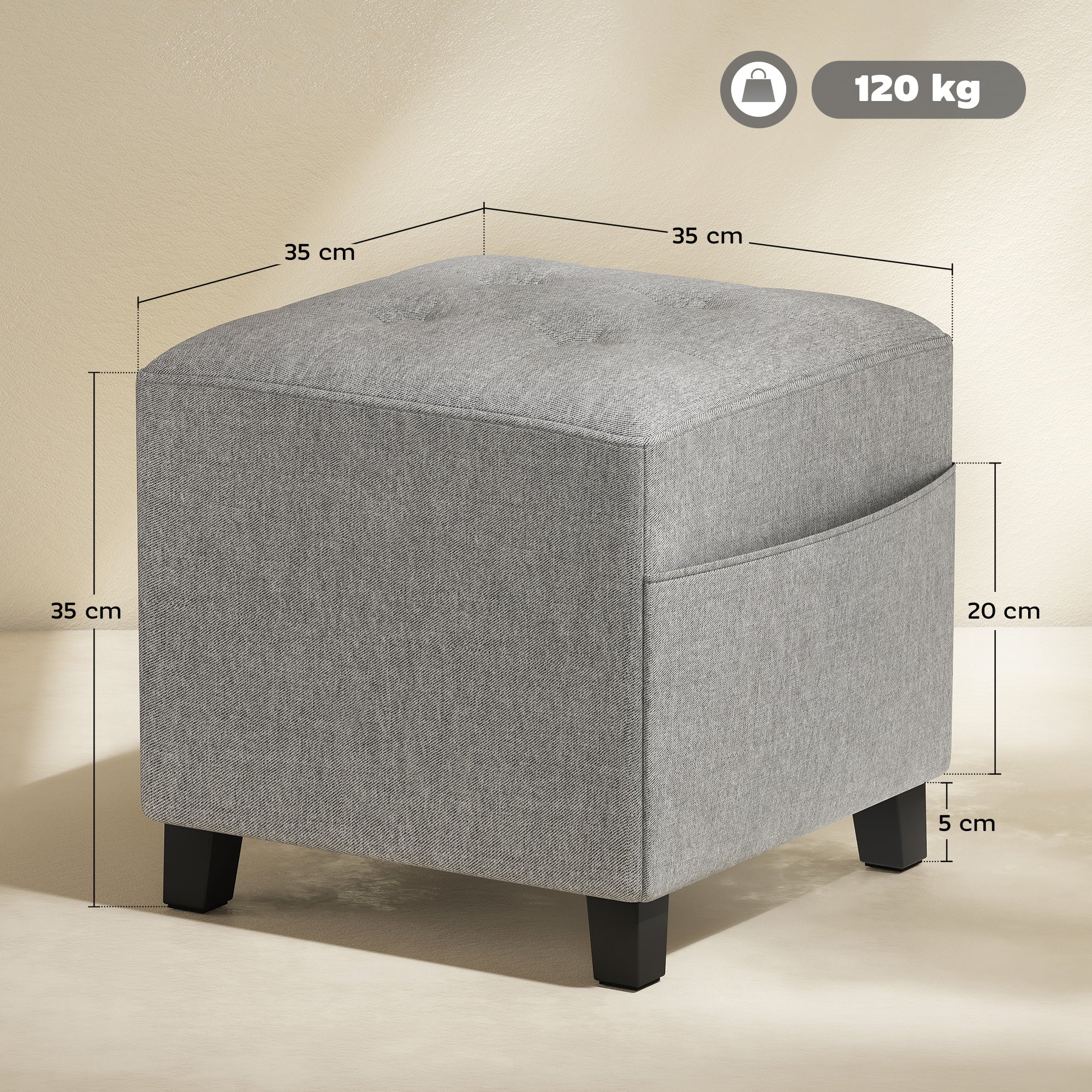 Fynco - Square Footstool, Small Ottoman with Side Pocket, Linen Fabric Footrest Foot Stool with Rubber Wood Legs and Padded Seat for Living Room, Bedroom, Entryway, 35 x 35 x 35cm, Light Grey