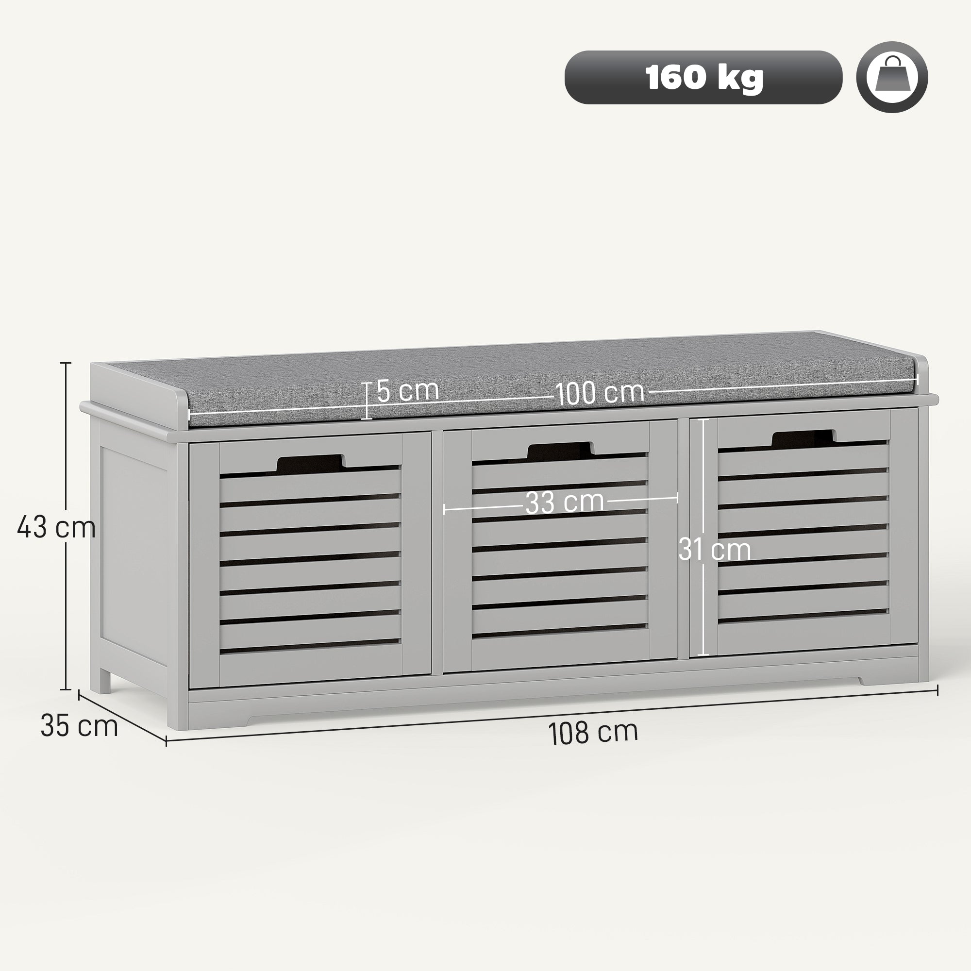 Fynco - 3-Drawer Shoe Storage Bench - Grey