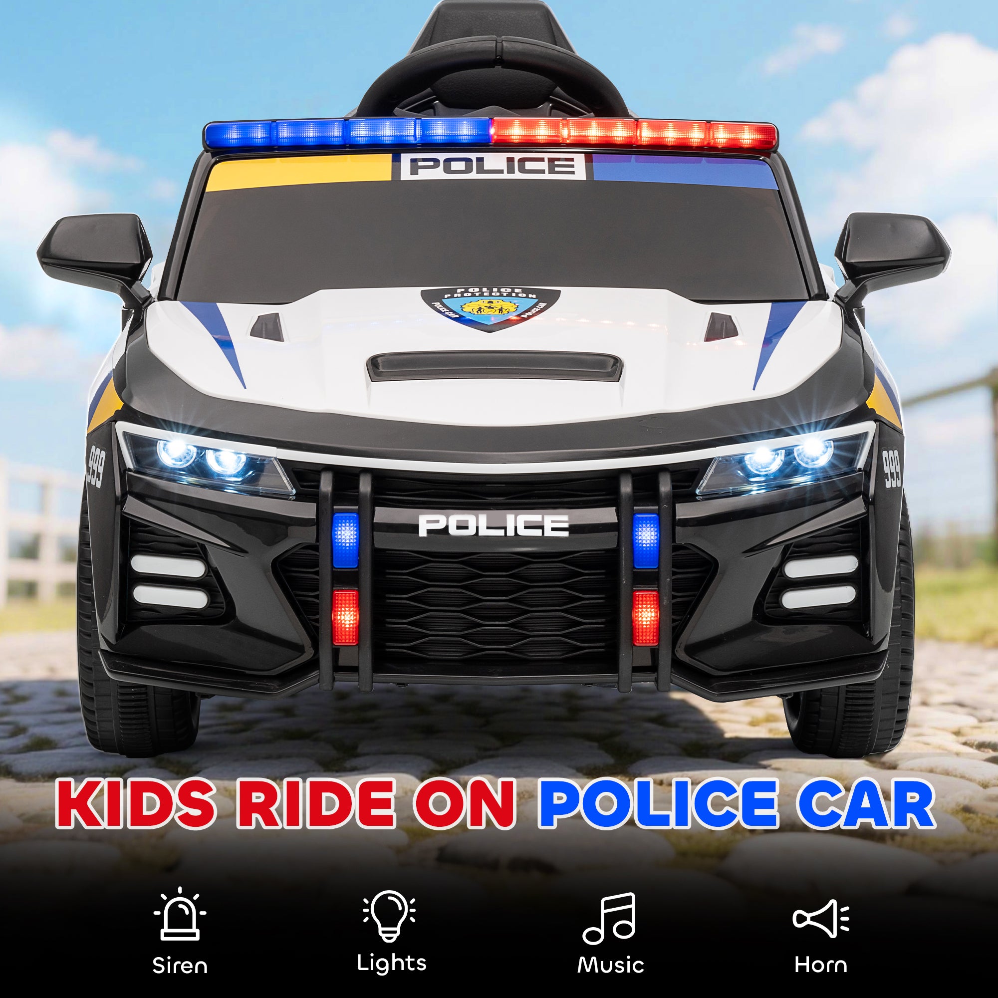 AIYAPLAY Kids Electric Ride on Police Car with Remote Control, Music, Horn, Siren Flashing Lights for 3-5 Years Old, Multicolour