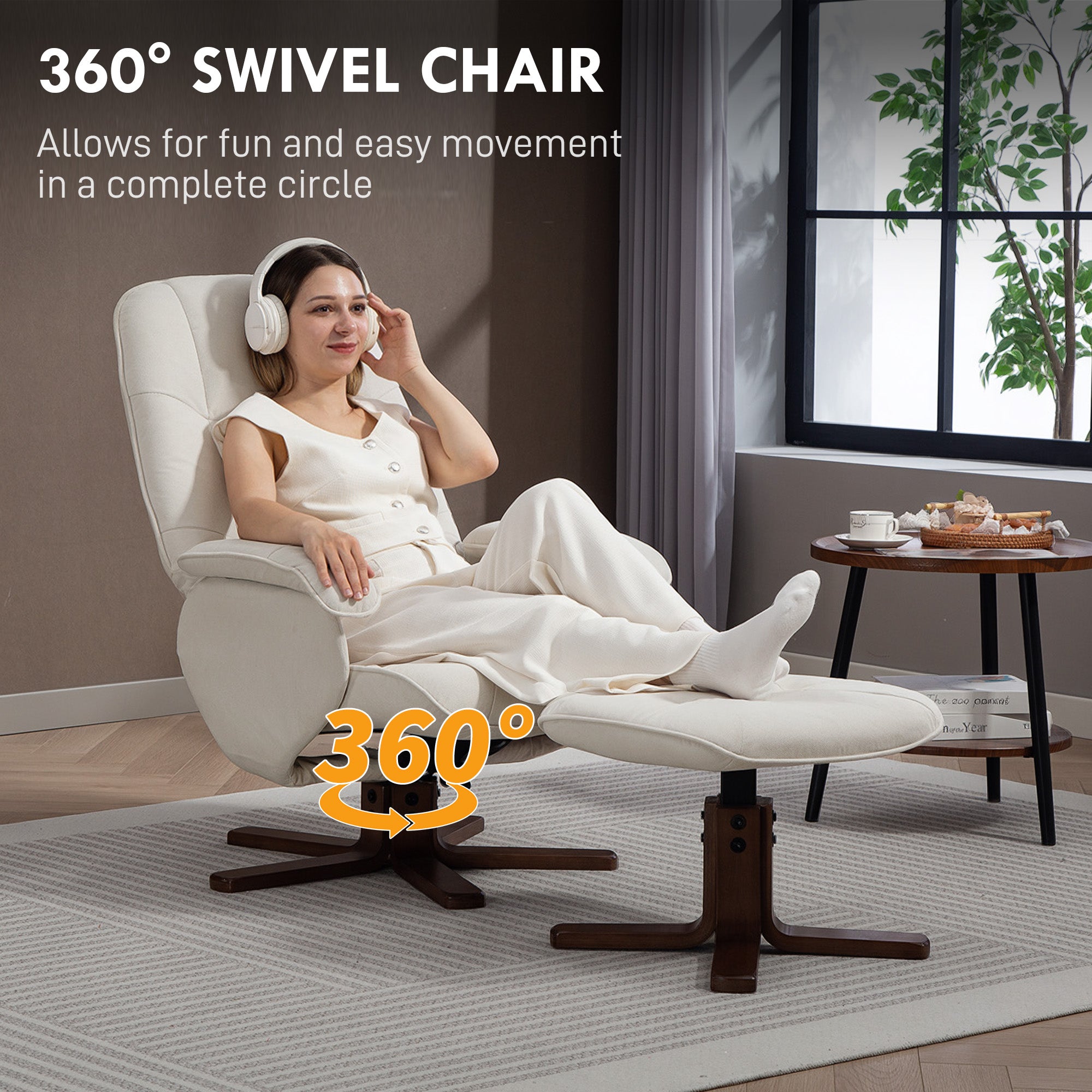 Fynco - Linen Swivel Recliner Chair with Footstool, Upholstered Reclining Armchair with Wooden Base for Living Room, Beige