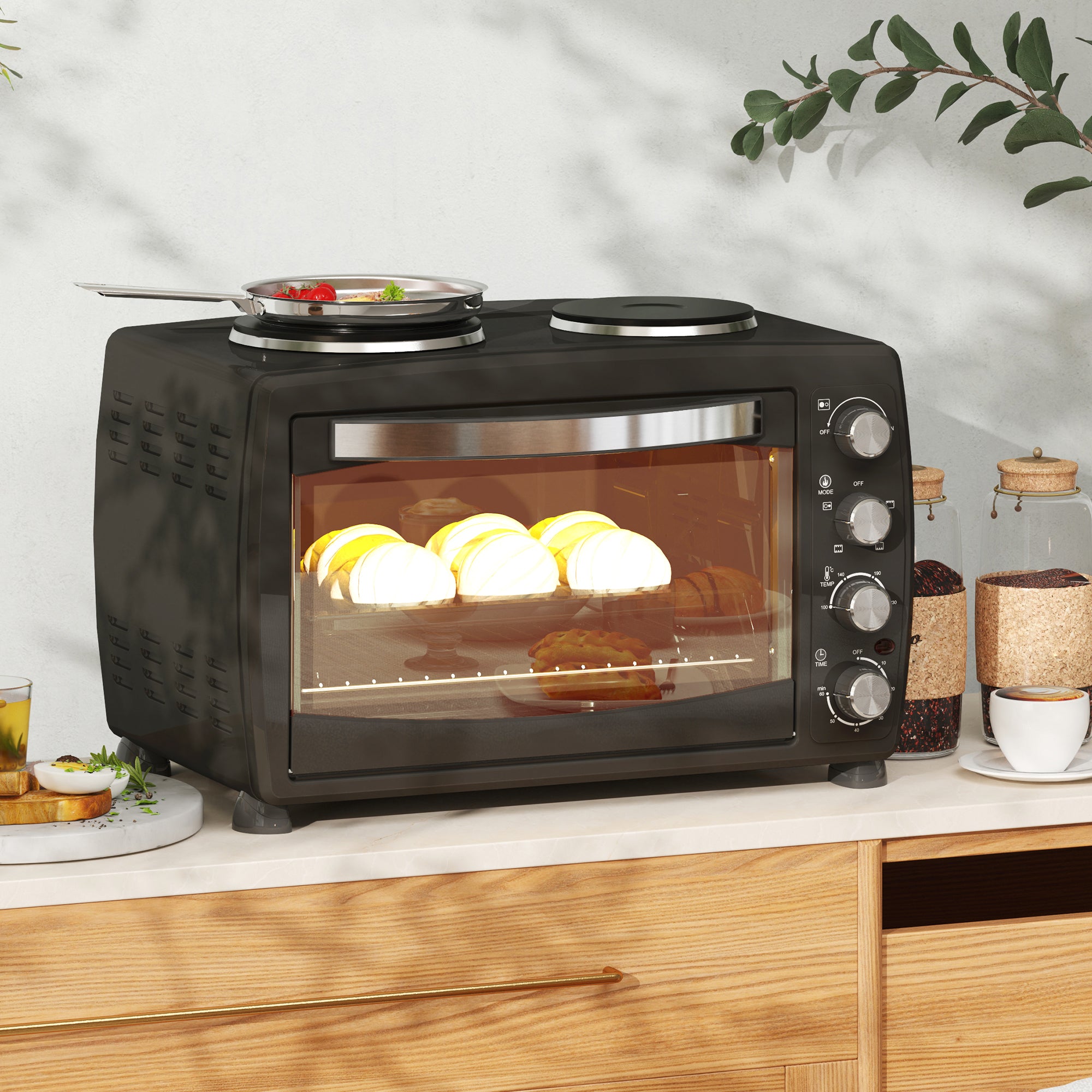36L Small Oven with 2 Hot Plates, Countertop Toaster Oven, Grill, Roast, Bake, Boil, with Timer, Adjustable Temperature, Electric Oven with Baking Tray, Grill Rack, Crumb Tray, 2600W, Black