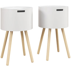 Modern Side Table with Hidden Storage Space, Round Night Stand with Removable Tray Wood Frame End Coffee Table for Living Room, Set of 2, White