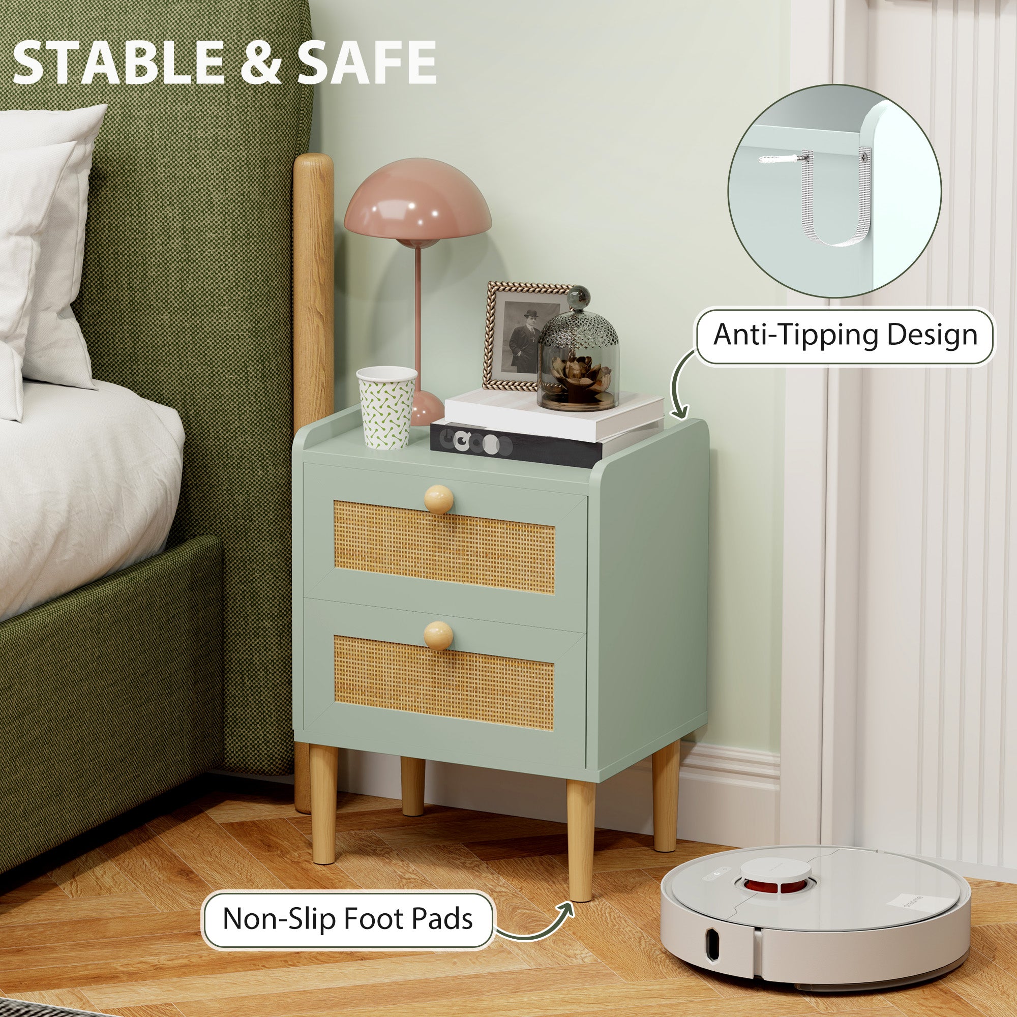 Bedroom Chest of Drawers, Boho Rattan Dresser with 2 Drawers, Storage Cabinet for Living Room, Hallway, Entryway, Olive Green