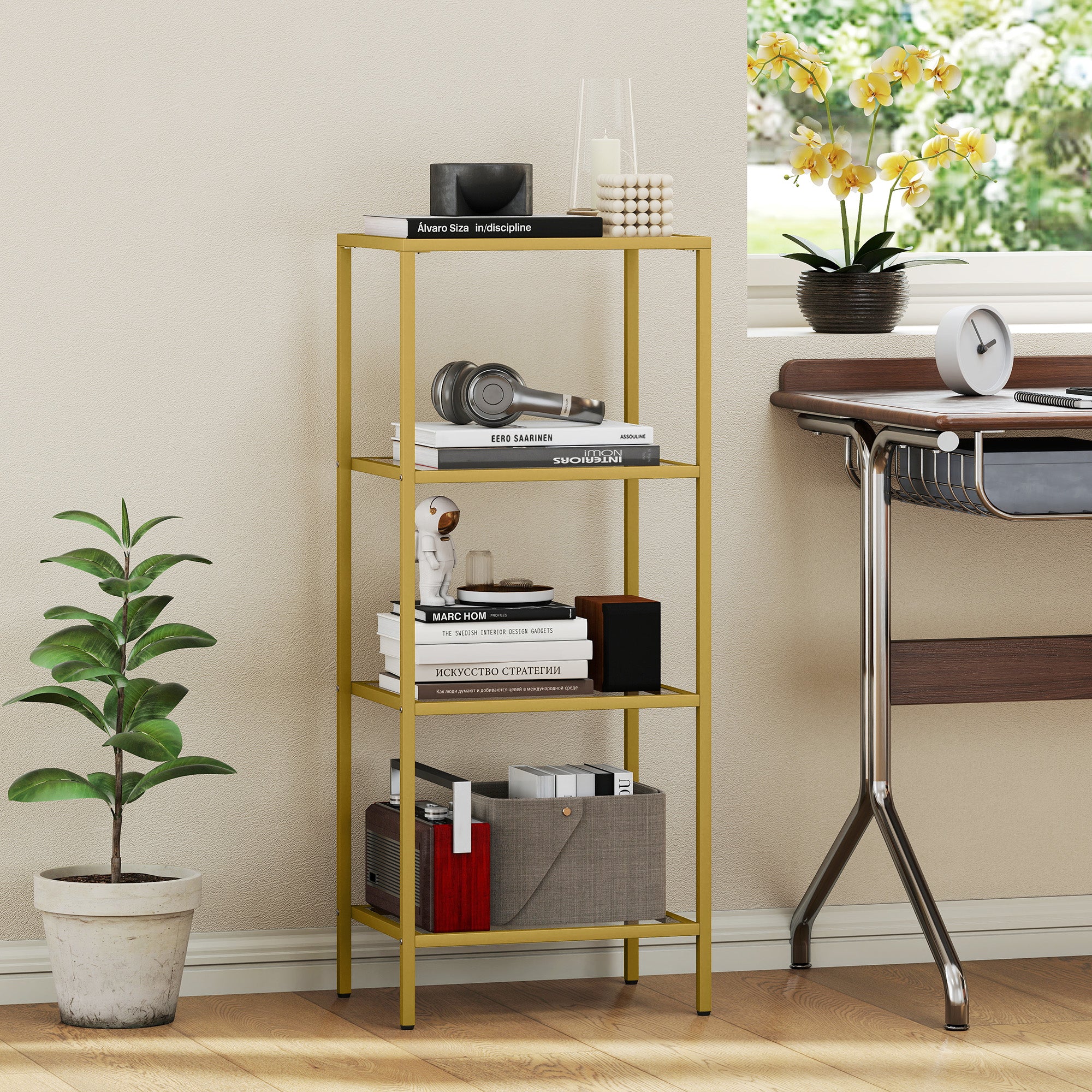 Fynco - 4-Tier Shelving Unit, Glass Shelf, Vertical Storage Shelf for Living Room, Home Office, Bedroom, Bathroom, Gold Tone