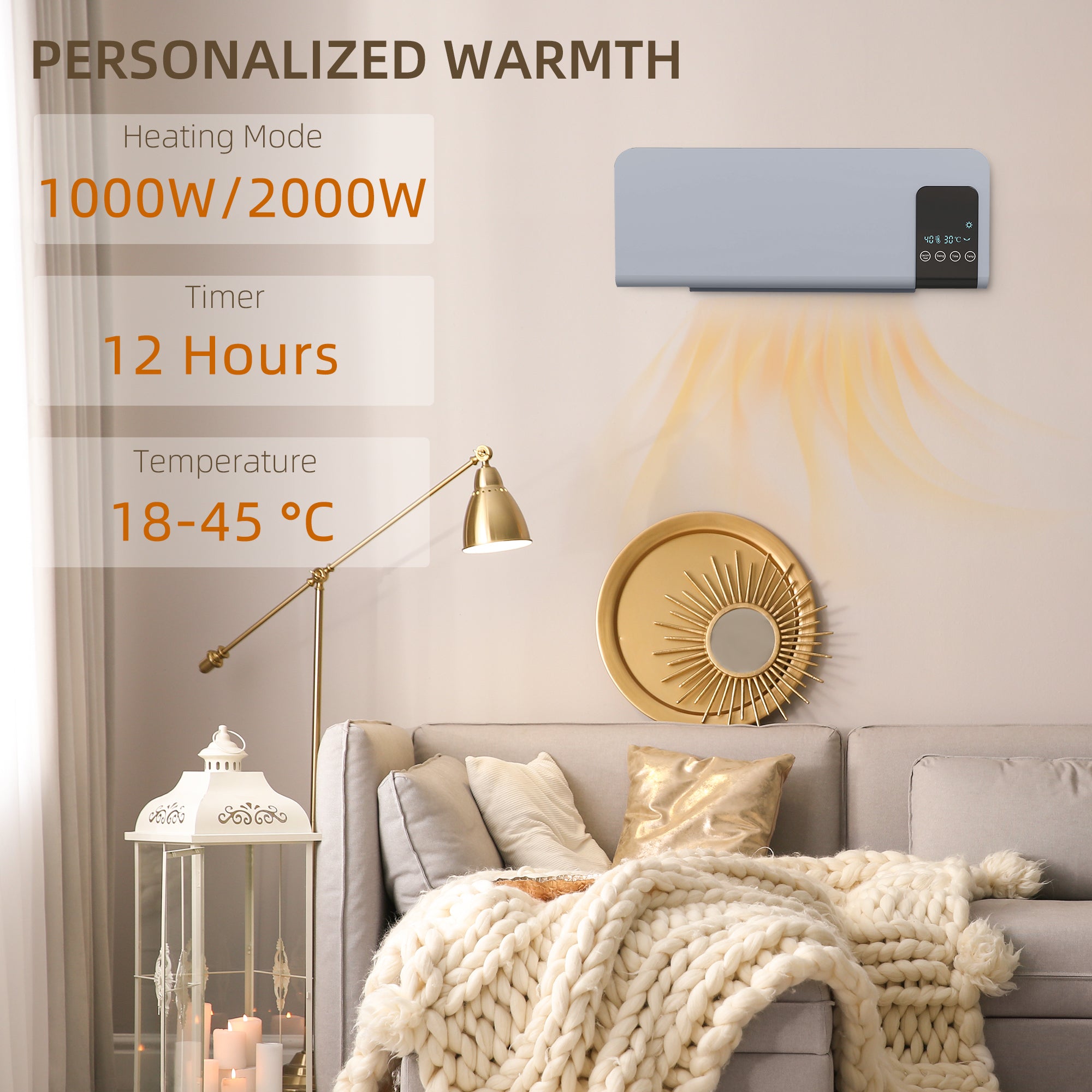 Fynco - 2000W Wall Mounted Heater, 18-45°C Temperature, Grey