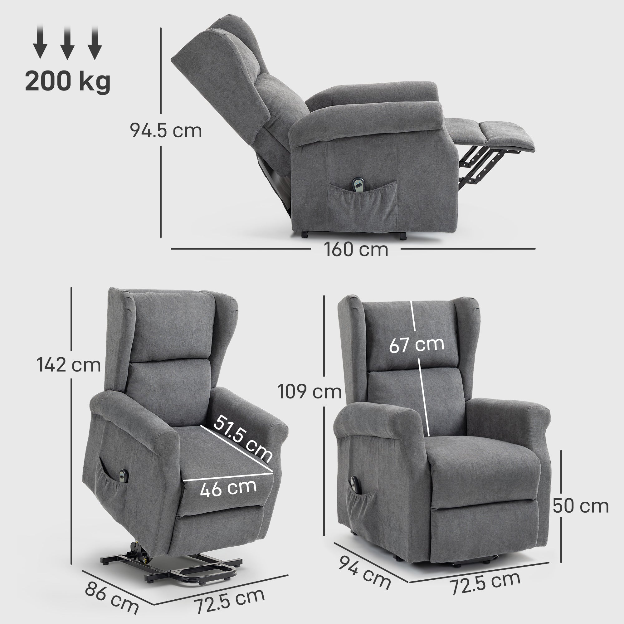 Fynco - Power Lift Recliner Armchair, Electric Lift Chair for Elderly, Fabric Riser and Reclining Chair with Remote Control, Side Pockets, Extended Footrest, for Living Room, Charcoal Grey