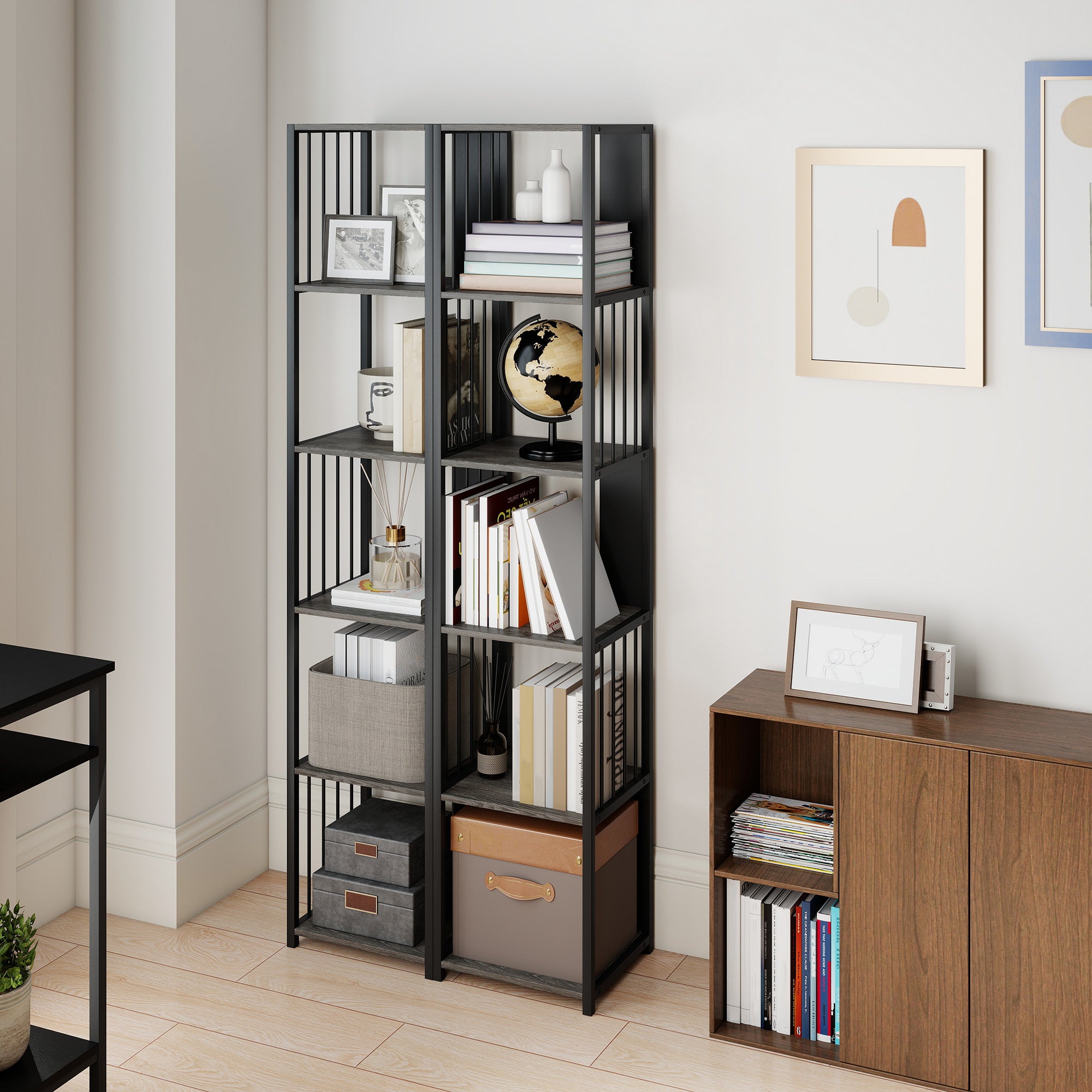 Fynco - 5-Tier Bookshelf with Steel Frame - Grey