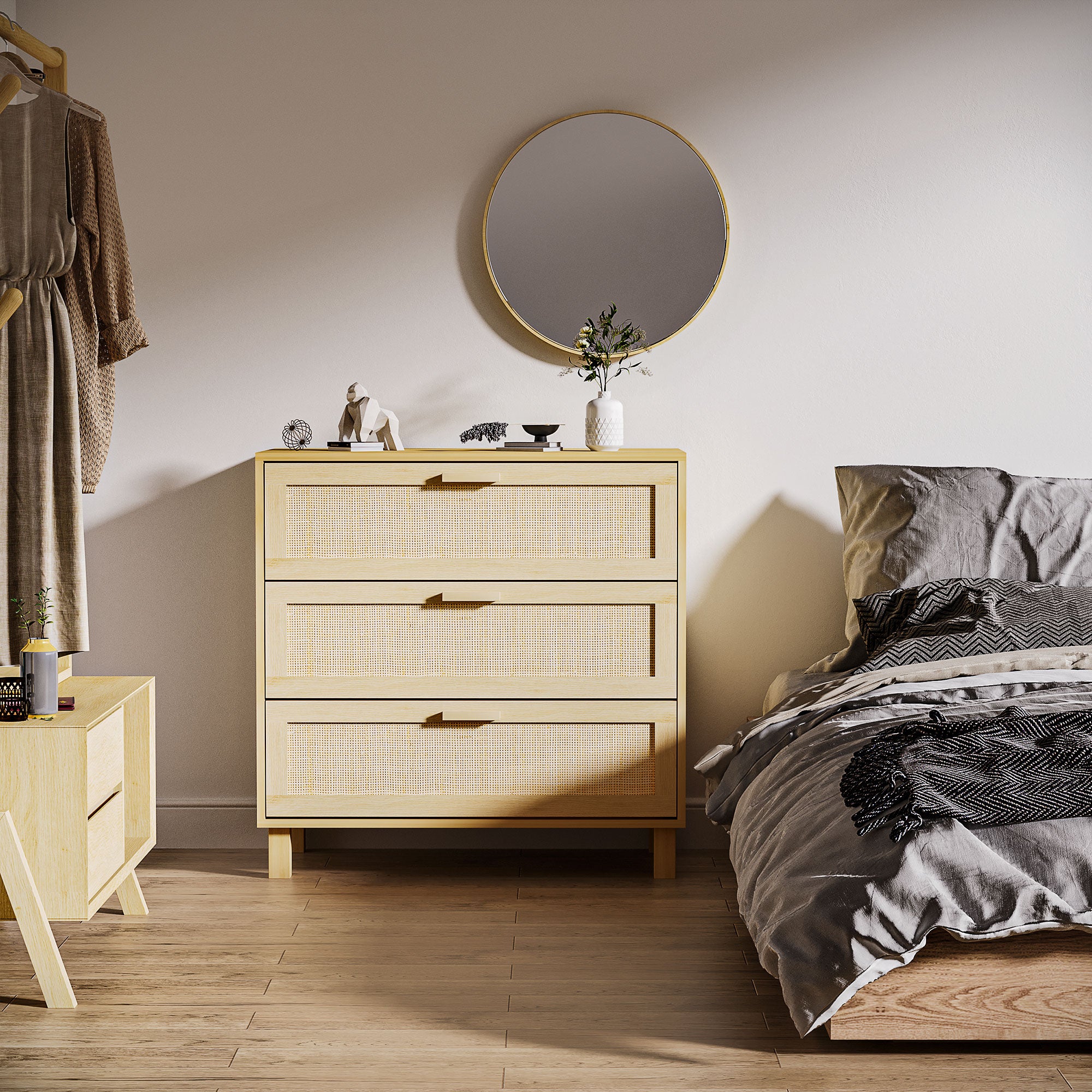 Rattan Bedroom Chest of Drawers, 3 Drawers Storage Unit, Boho Dresser for Living Room, Hallway, Natural