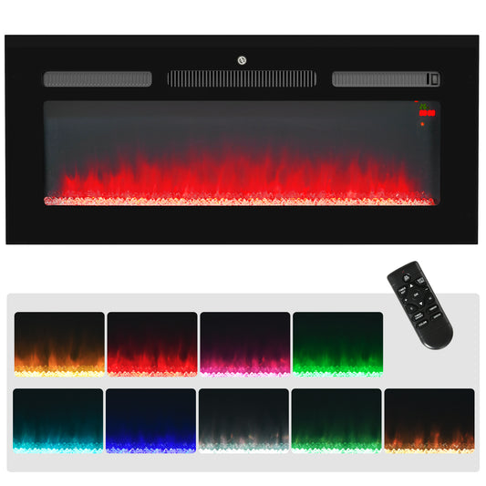 Fynco - 102cm/40" Electric Fireplace, 2000W Recessed and Wall Mounted Electric Fire with Remote Control, 9 Flame Colour and Crystal, Black