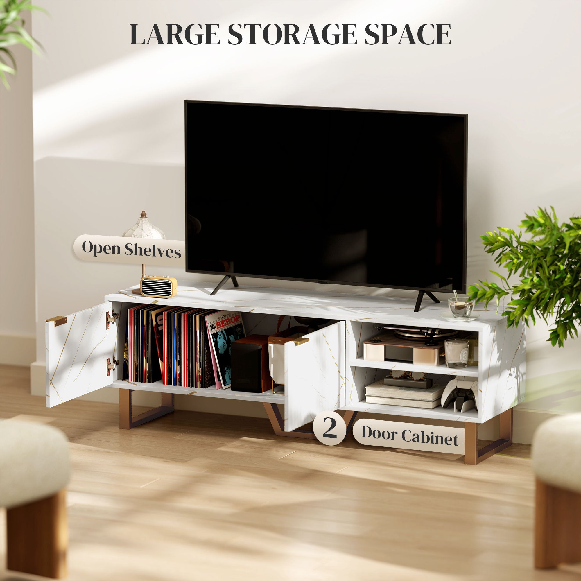 Marble Effect TV Unit, TV Stand Cabinet for up to 70" TVs, Modern TV Cabinet with Shelves and Storage Cupboard, Fluted Door, Extra Centre Leg, Cable Management for Living Room, White