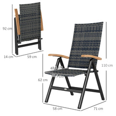 Folding Rattan Garden Dining Chair with 5-level Reclining High Back, Wood Armrests for Outdoor, Patio - Mixed-grey