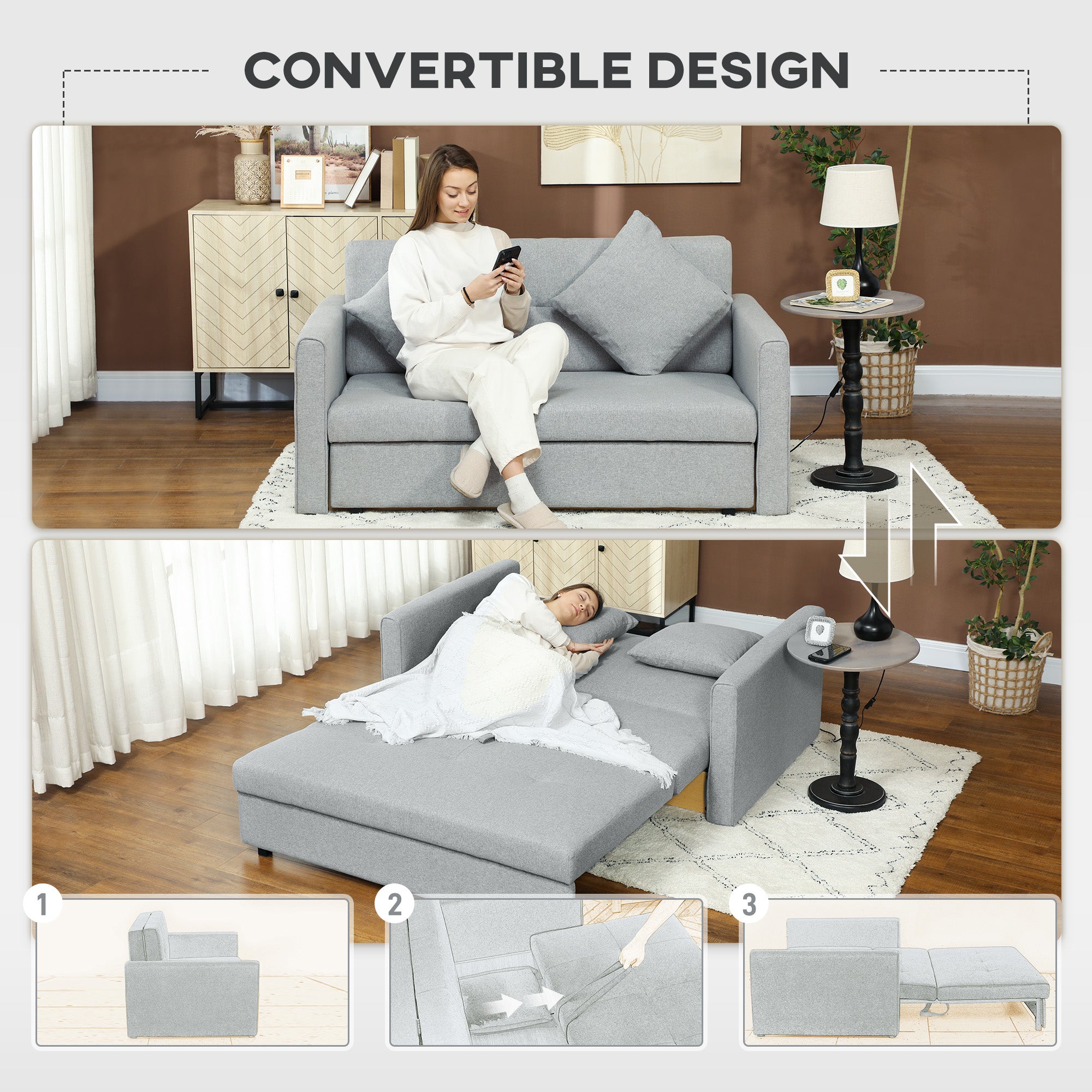 2 Seater Sofa Bed, Convertible Bed Settee, Modern Linen Loveseat Sofa Couch with 2 Cushions, Hidden Storage for Living Room, Guest Room, Light Grey