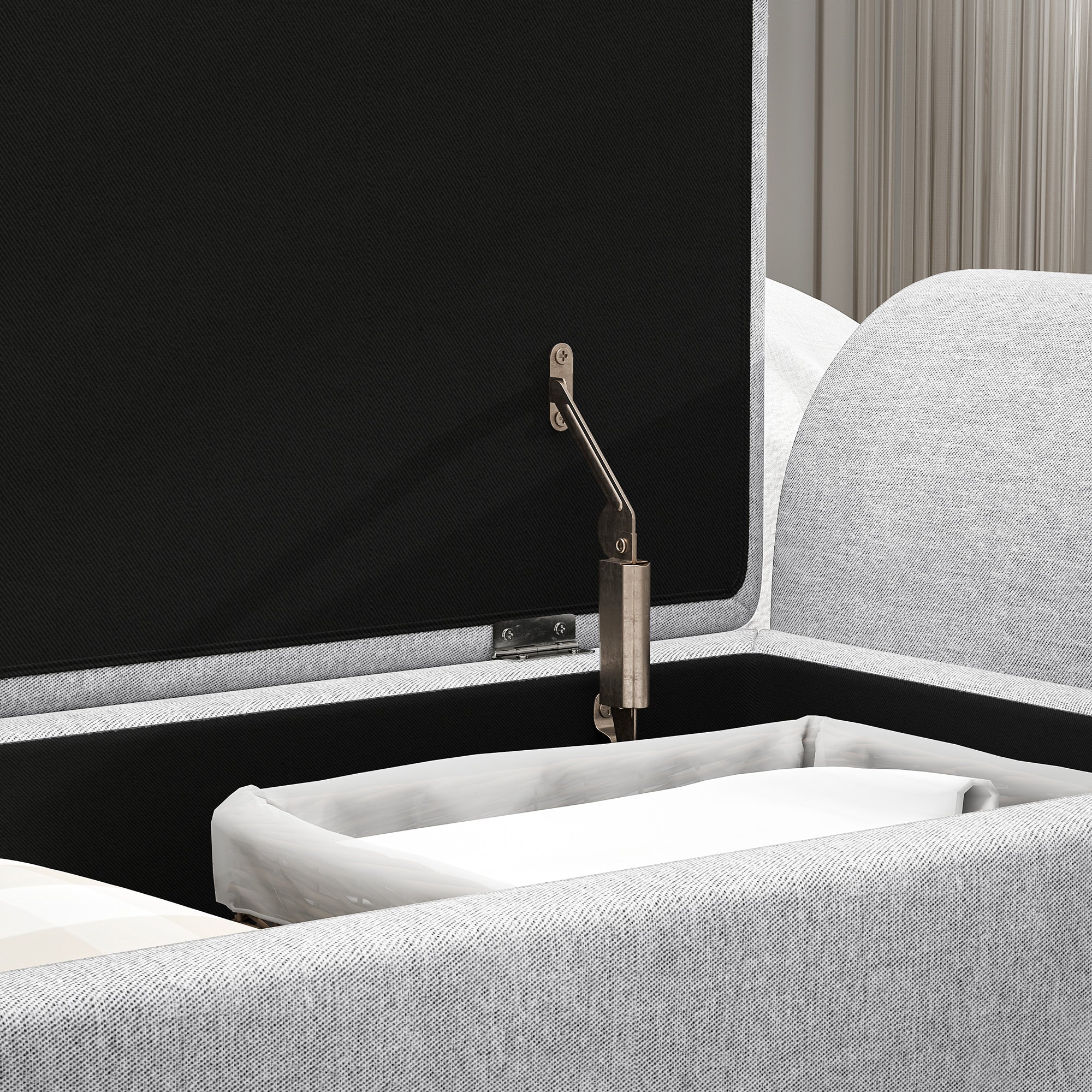 Storage Ottoman with Armrest, Upholstered Linen Storage Bench, Window Seat with Rubberwood Legs, Footstool for Bedroom Living Room, Hallway, Light Grey