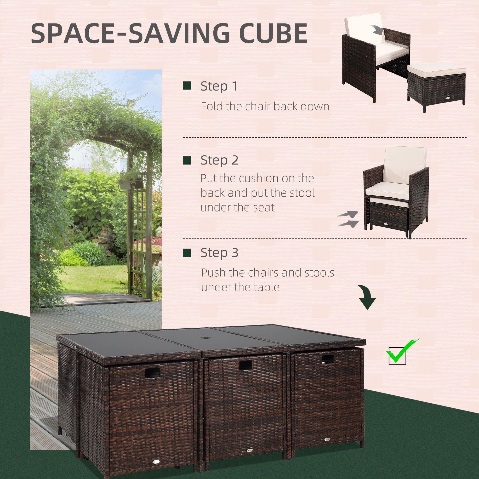 10 Seater Rattan Cube Garden Furniture Set with Parasol Hole, Rattan Dining Set with Cushions, Outdoor Dining Table and Chairs with Rectangular Glass Top Table for Patio, Mixed Brown