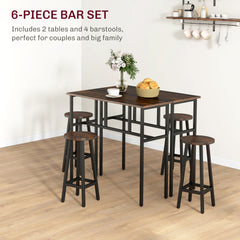 6-Piece Bar Table Set, Counter Height Kitchen Dining Set with 2 High Tables & 4 Stools, Space Saving Compact Bar Furniture for Small Kitchens and Flats, Multiple Arrangements, Rustic Brown