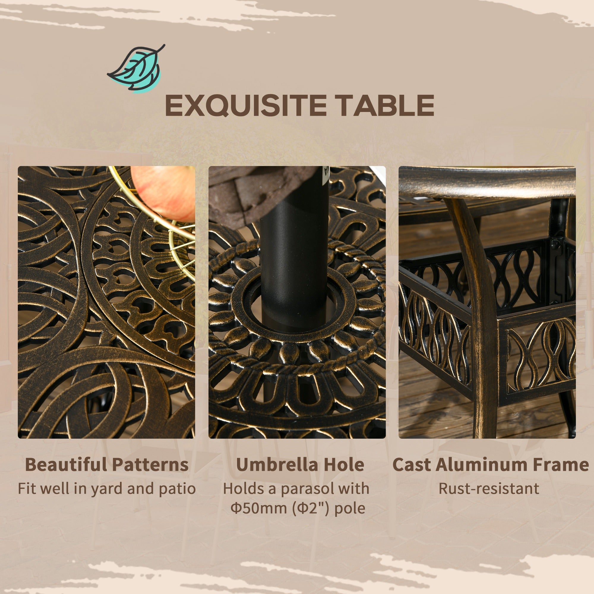 5-Piece Outdoor Furniture Dining Set, Cast Aluminum Conversation Set Includes 4 Chairs and Φ90cm Round Table with Φ50mm Umbrella Hole for Patio Garden Deck, Flower Design