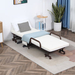 Folding Bed with Mattress, Single Guest Bed, Portable Fold Bed with Adjustable Backrest, Metal Frame on Wheels, White, 190 x 76 cm
