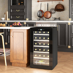 24 Bottle Wine Fridge, 65 Litre Capacity, 43cm Freestanding Wine Cooler Fridge with Glass Door, LED Light, Digital Touch Screen, Temperature Control, Black