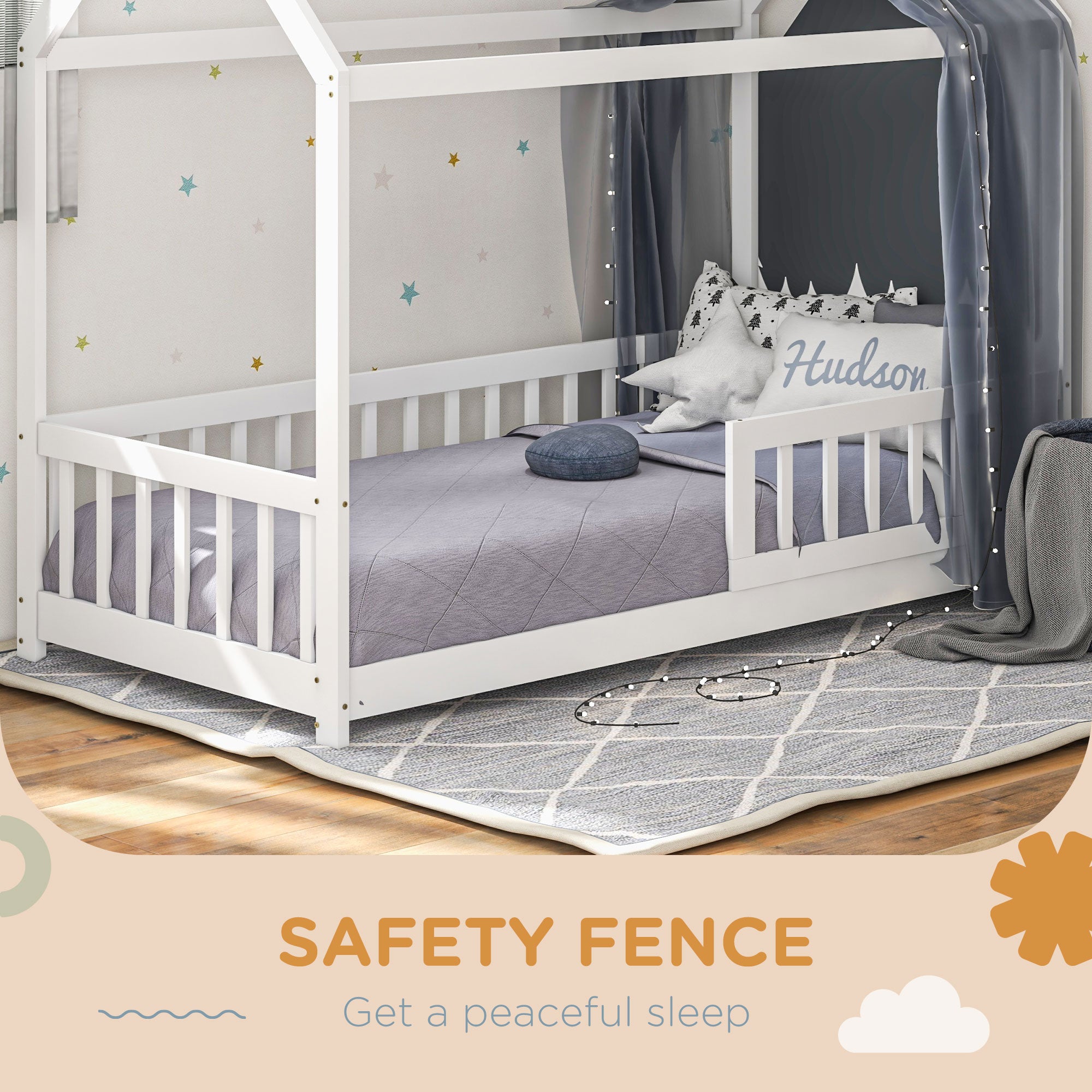 House-Shaped Kids Bed Frame with Safety Fence, Solid Pine Wood Single Bed Frame for Kids Boys and Girls