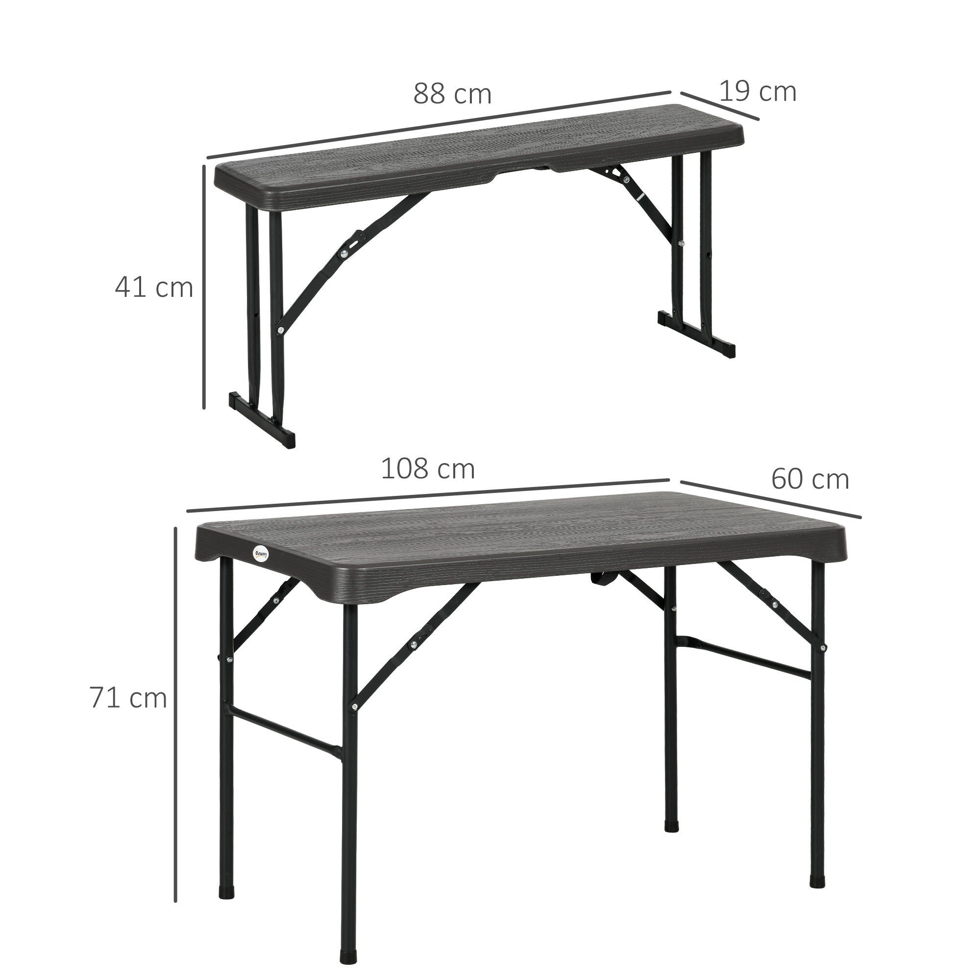Folding Picnic Table with 2 Benches, 3-Piece Portable Garden Furniture Set for 4, Dining Table Set with Plastic Top, Steel Frame, Dark Grey