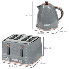 1.7L 3000W Fast Boil Kettle & 4 Slice Toaster Set, Kettle and Toaster Set with 7 Browning Controls, Crumb Tray, Grey