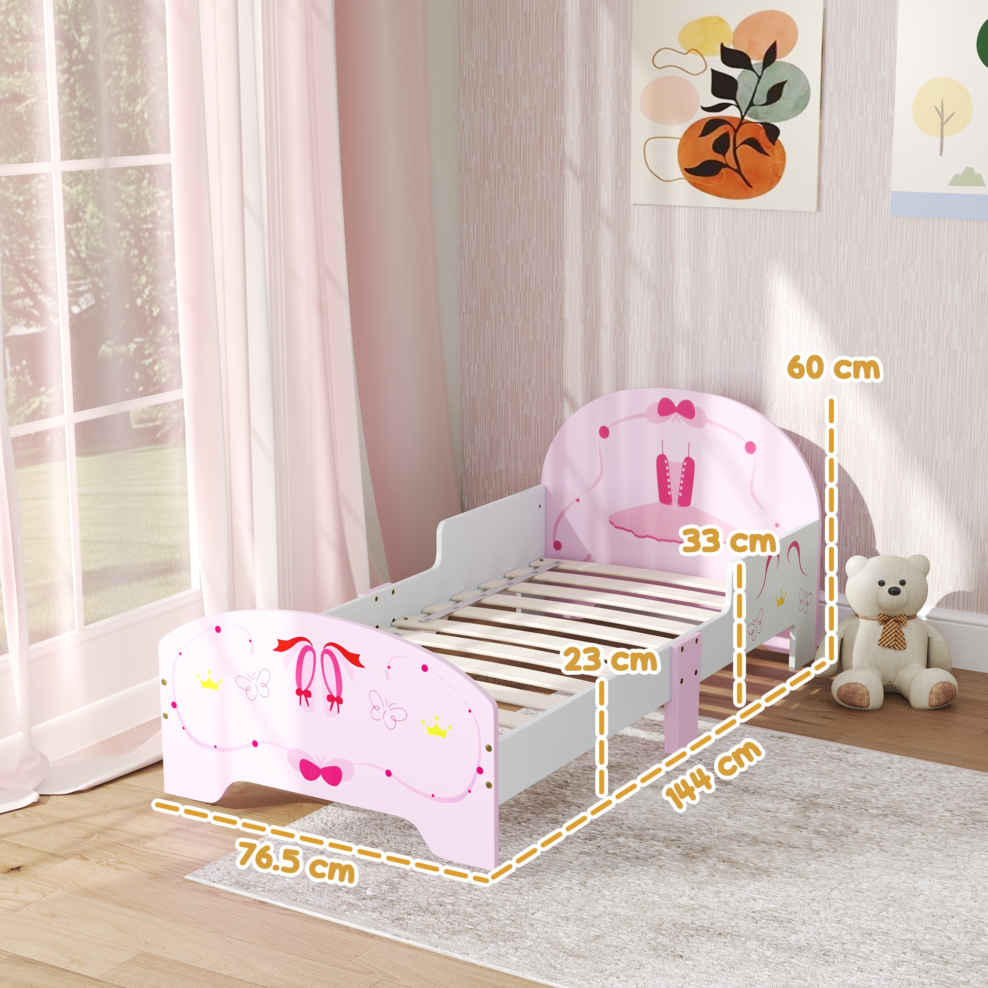 AIYAPLAY Ballet Theme Toddler Bed Frame with Safety Rails for 3-6 Years, Pink