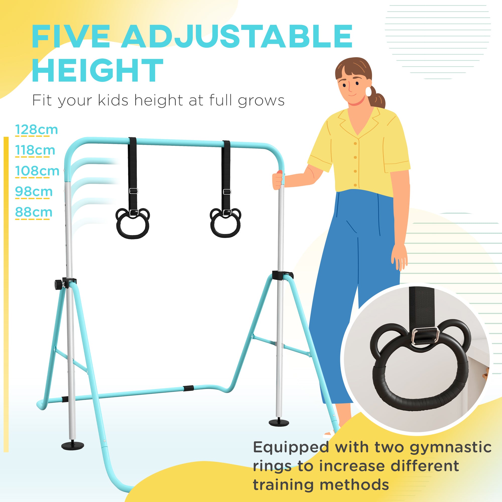 Adjustable Height, Foldable Kids Gymnastics Bar w/ Non-slip Rubber Floor Rings, for 3+ Years, Green