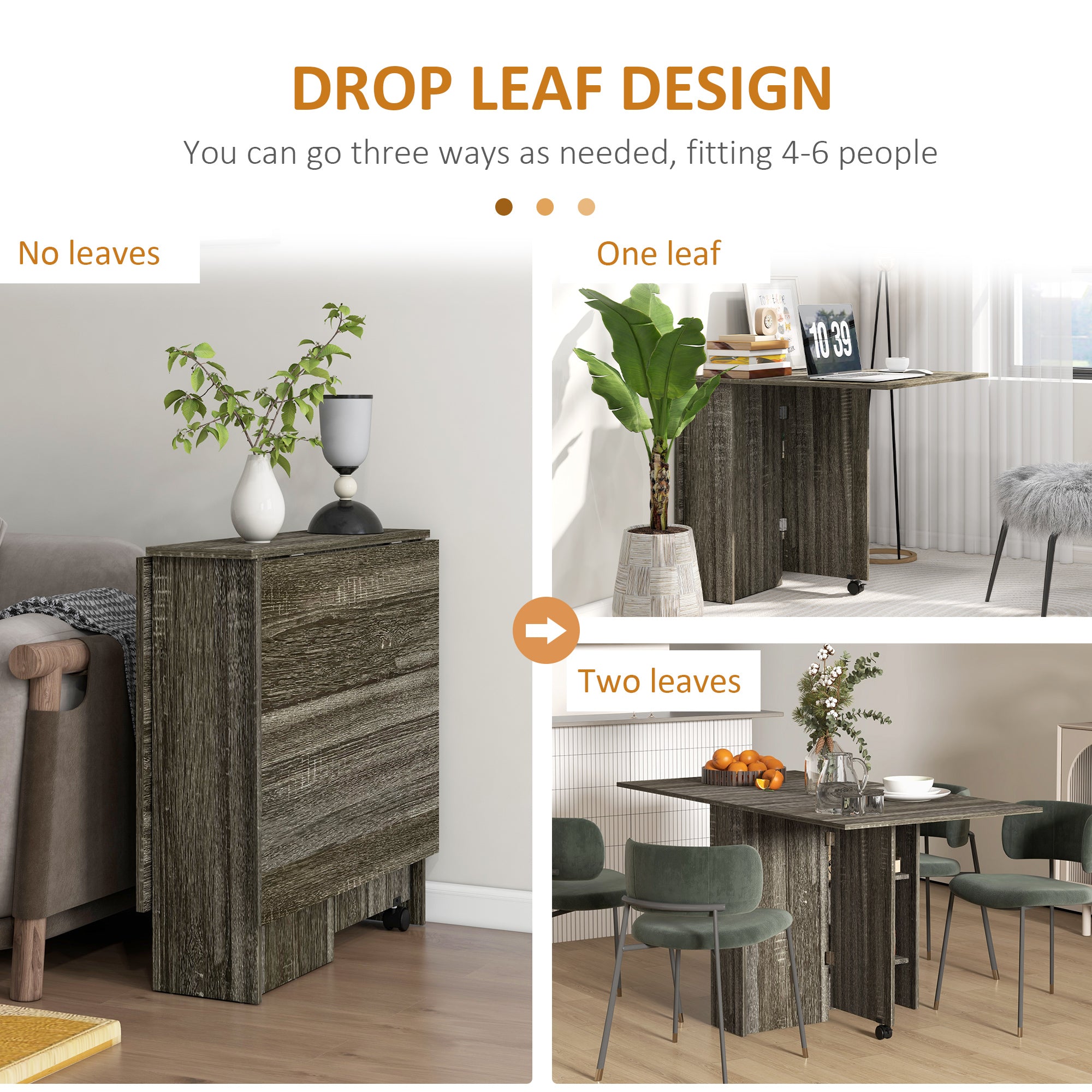 Folding Dining Table, Drop Leaf Table with 2-Tier Shelves, Rolling Casters, for Small Spaces, Kitchen, Grey