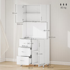 Free standing Kitchen Cupboard, Storage Cabinet with Doors and Sheleves, 3 drawers and Open Space, Adjustable Height Storage Unit, White