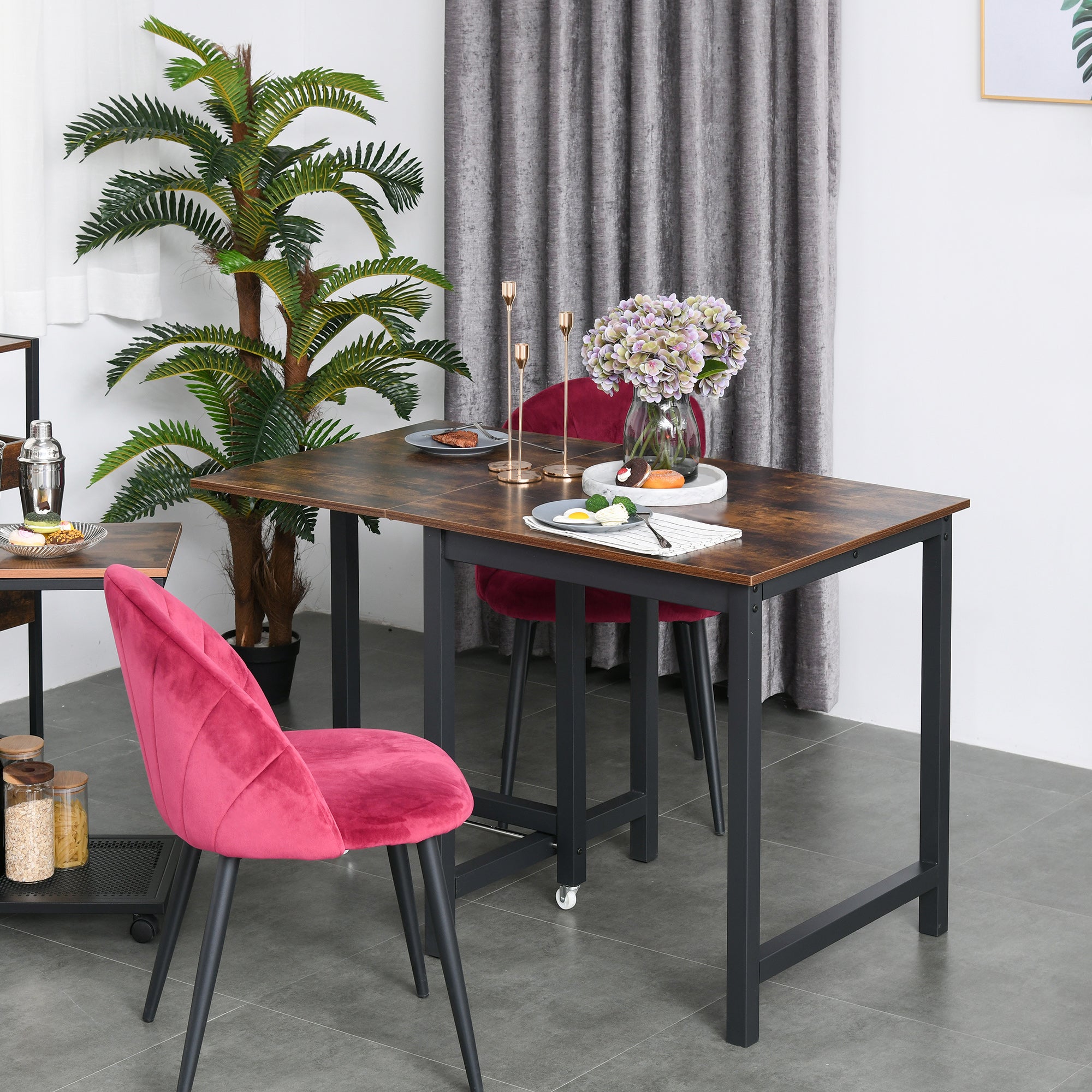 Folding Dining Table, Industrial Drop Leaf Table with Wheels and Metal Frame for Kitchen, Dining Room, Space Saving, Rustic Brown