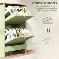 Fynco - Slim Shoe Cabinet, Narrow Shoe Cupboard with 2 Flip Drawers, Adjustable Shelves for 12 Pairs of Shoes, Green