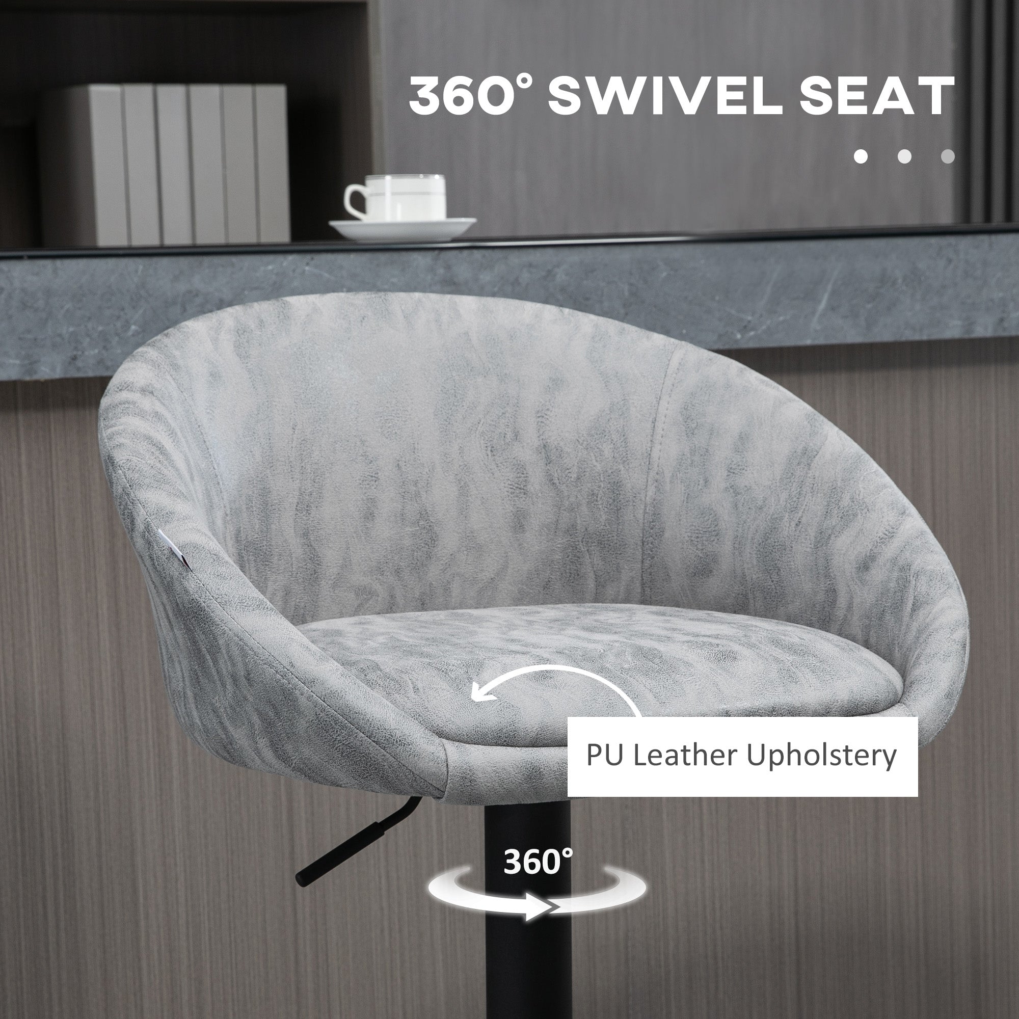 Modern Bar Stools Set of 2, Height Adjustable Swivel Barstools, PU Leather Upholstered Bar Chair with Backrest, Armrests and Footrest for Breakfast Bar, Counter, Kitchen, Light Grey