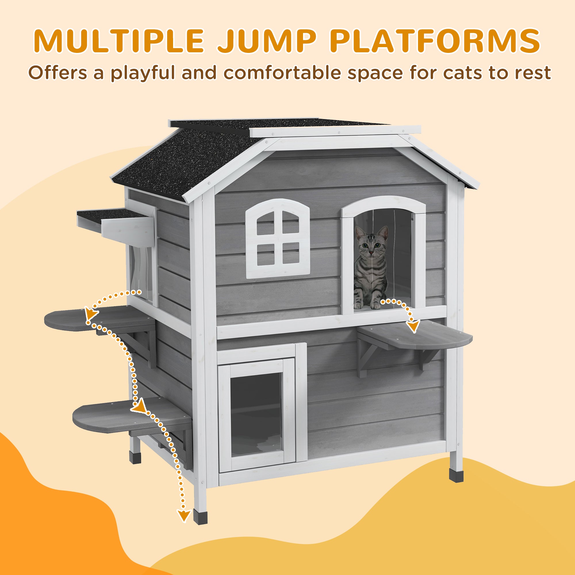 2-story Cat House Outdoor, Weatherproof Wooden Cat Enclosure for Feral Cats with Escape Door, Openable Roof, Jumping Platforms, Grey