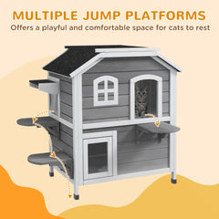 2-story Cat House Outdoor, Weatherproof Wooden Cat Enclosure for Feral Cats with Escape Door, Openable Roof, Jumping Platforms, Grey