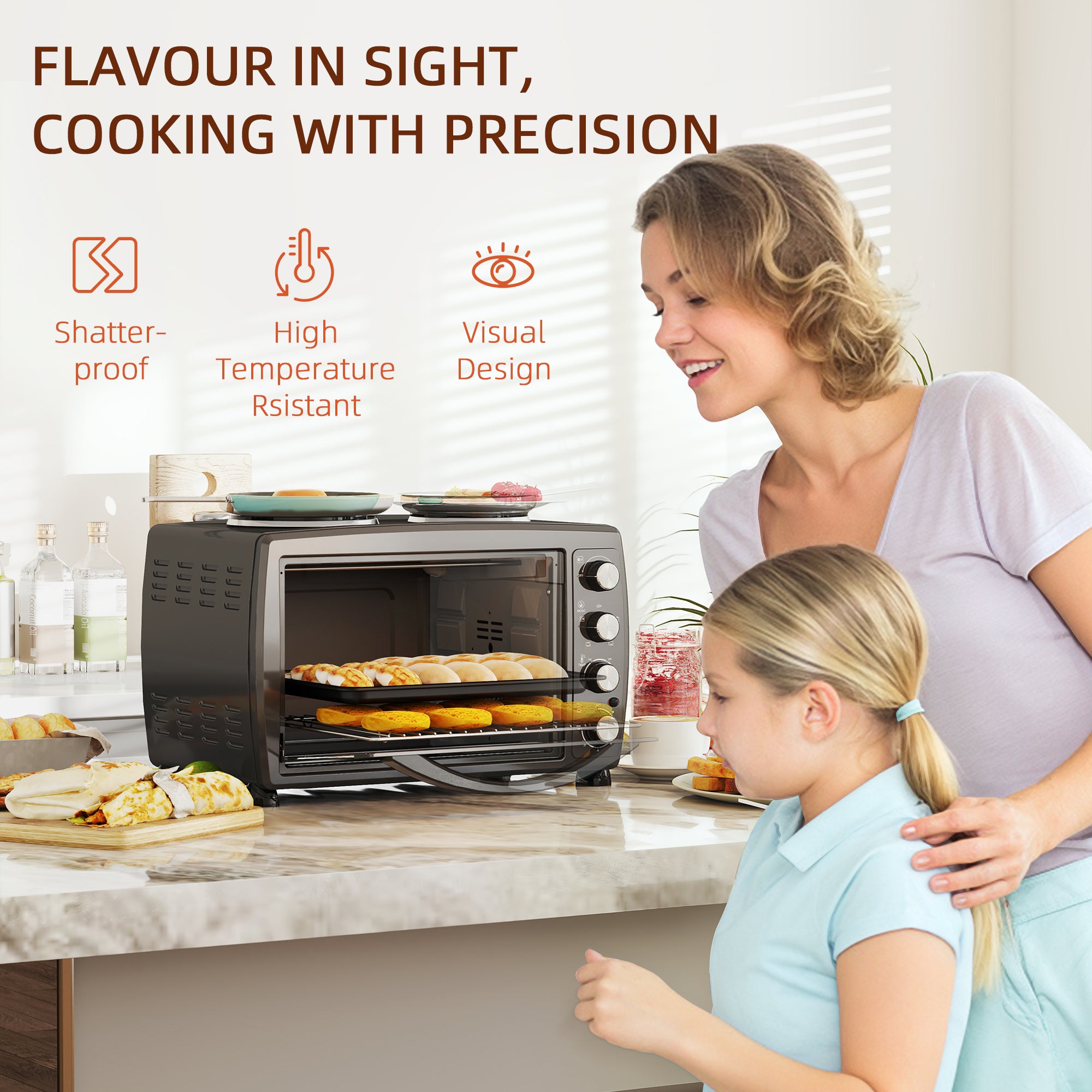 36L Small Oven with 2 Hot Plates, Countertop Toaster Oven, Grill, Roast, Bake, Boil, with Timer, Adjustable Temperature, Electric Oven with Baking Tray, Grill Rack, Crumb Tray, 2600W, Black