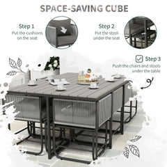 10 Seater Rattan Cube Garden Furniture Set, Rattan Dining Set with Cushions, Outdoor Dining Table and Chairs with 6 Armchairs, 4 Stools, Rectangular Wood Grain Plastic Top Table, Grey