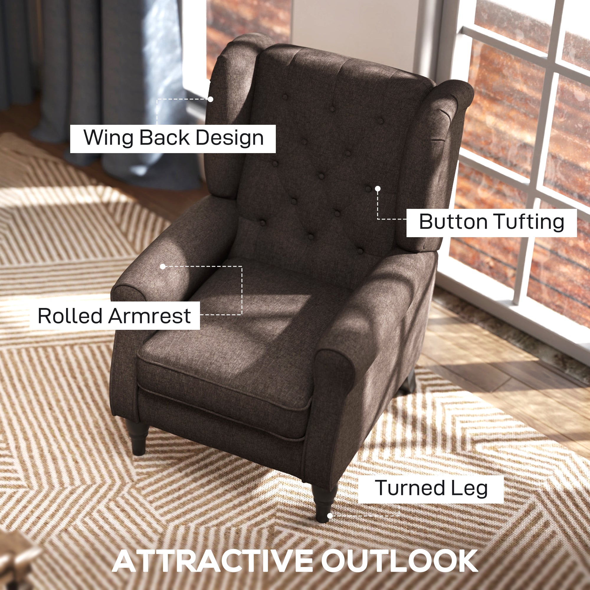Wingback Accent Chair, Retro Upholstered Button Tufted Occasional Chair for Living Room and Bedroom, Brown