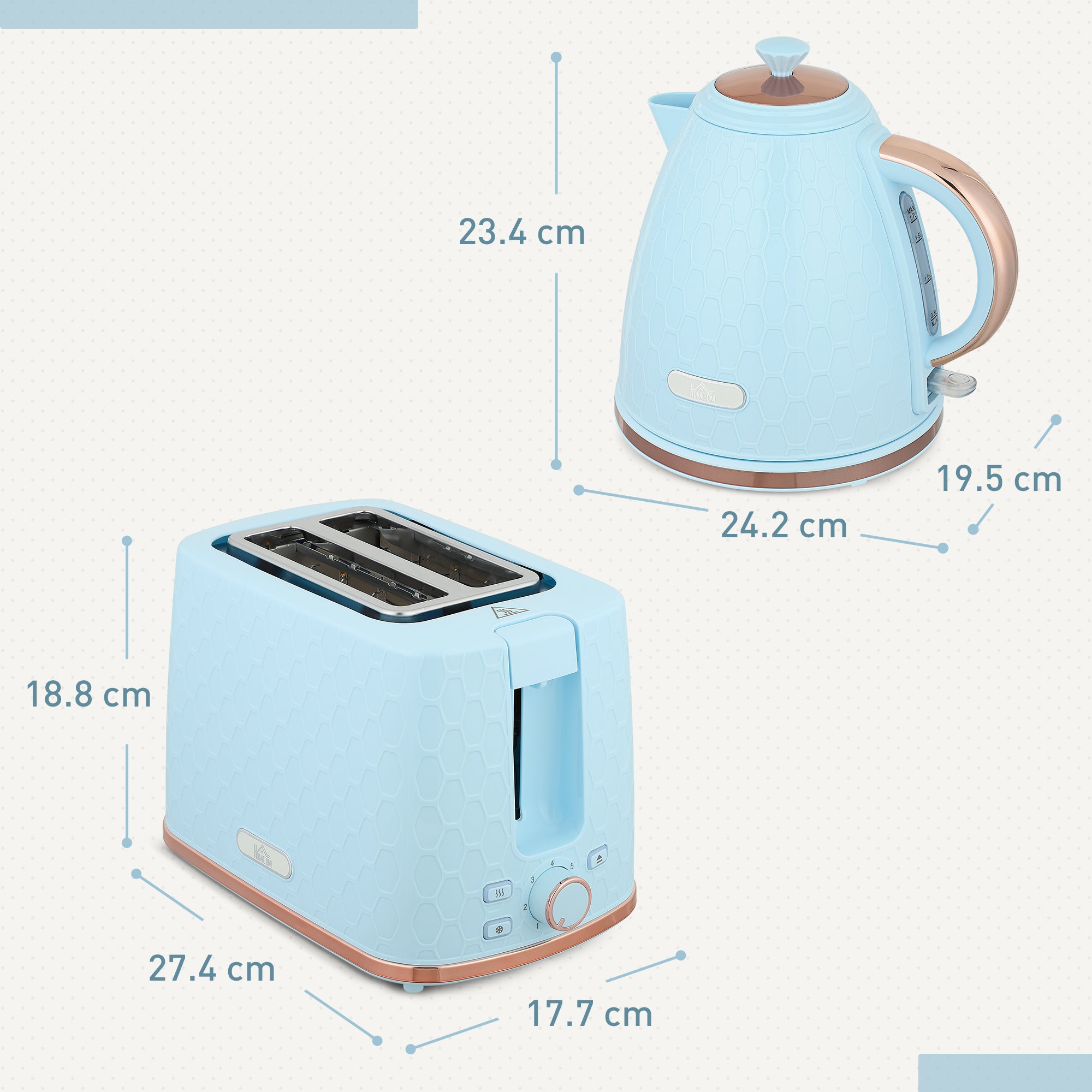 1.7L 3000W Fast Boil Kettle & 2 Slice Toaster Set, Kettle and Toaster Set with Auto Shut Off, Browning Controls, Light Blue