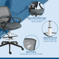 102.5-126cm Draughtsman Office Chair, with Footrest - Grey