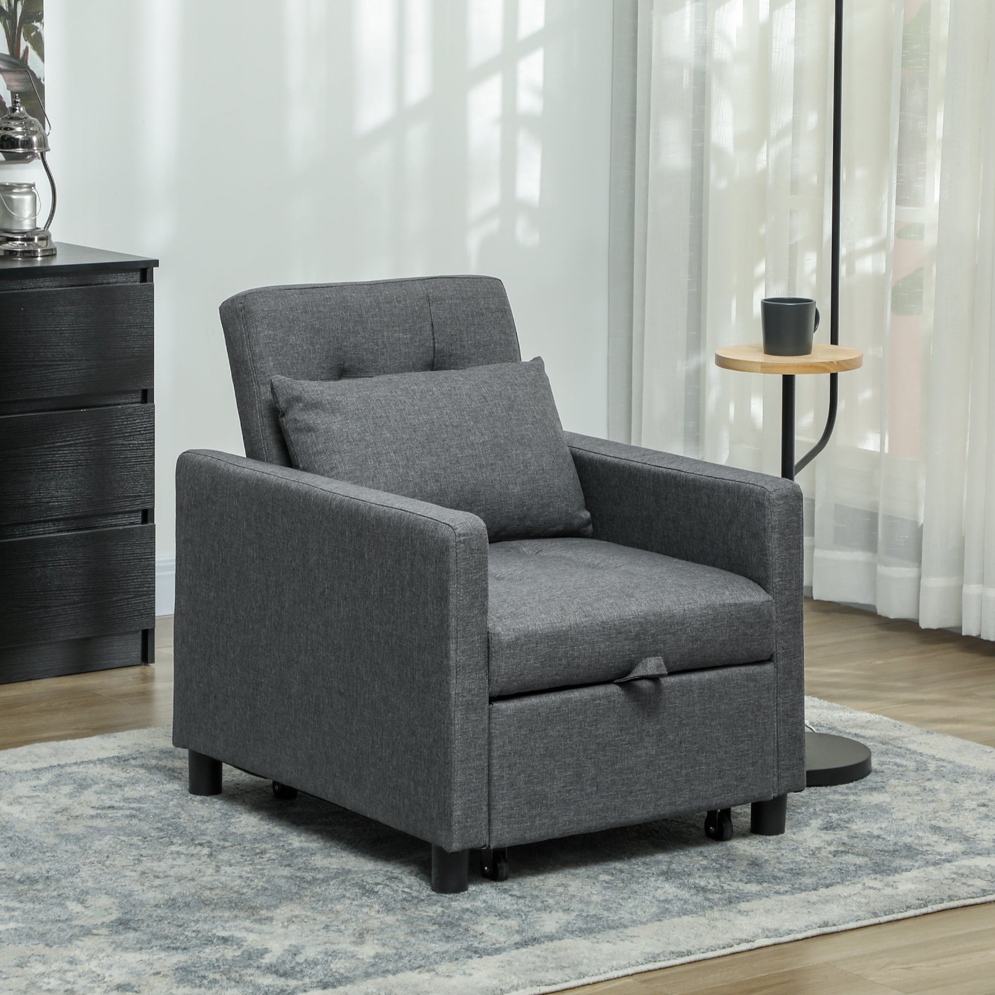 3-In-1 Chair Bed, Convertible Sleeper Chair with Adjustable Backrest, Pillow and Footrest for Living Room, Dark Grey