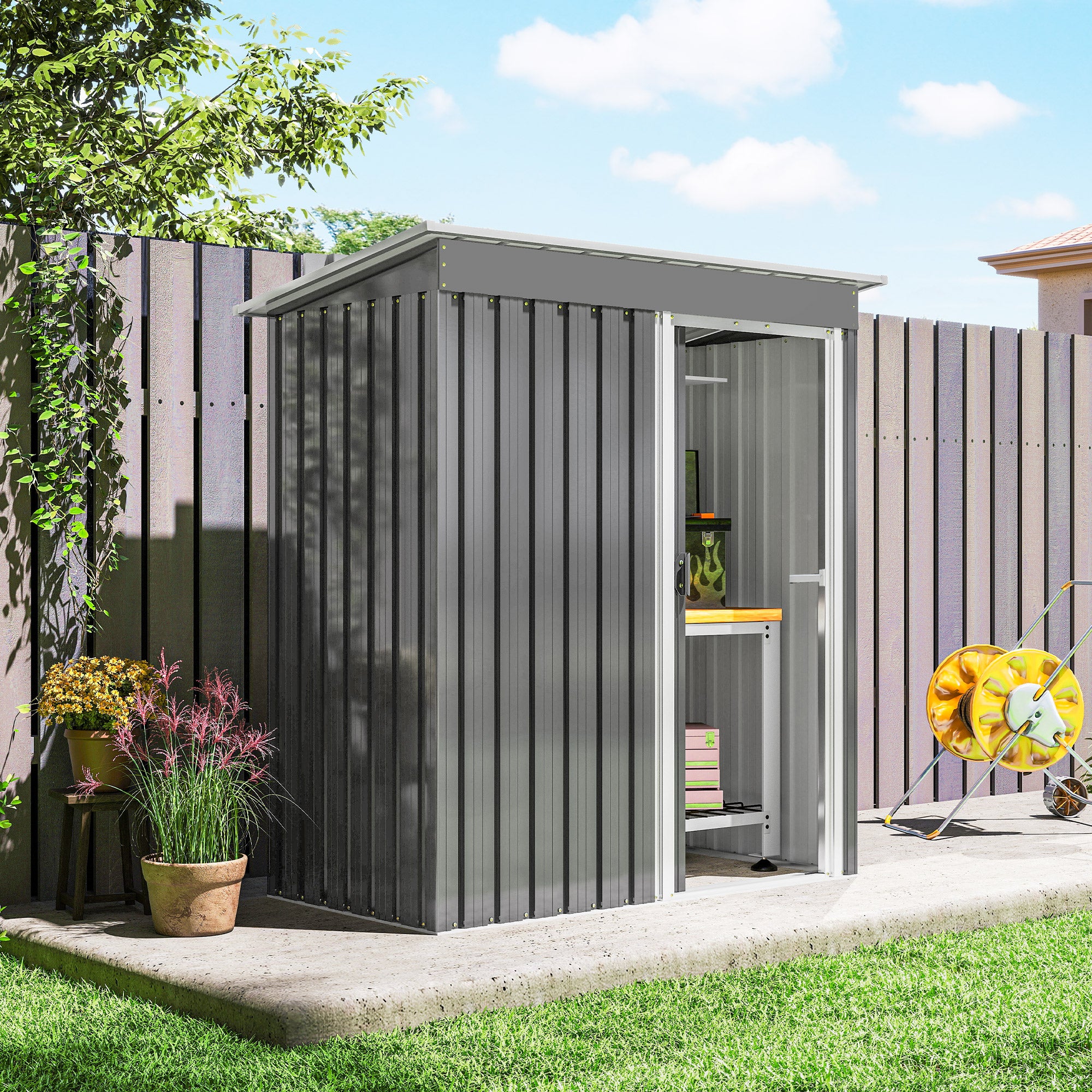 Fynco - 5x3 Storage Shed with Sliding Door and Sloped Roof for Garden, Light Grey