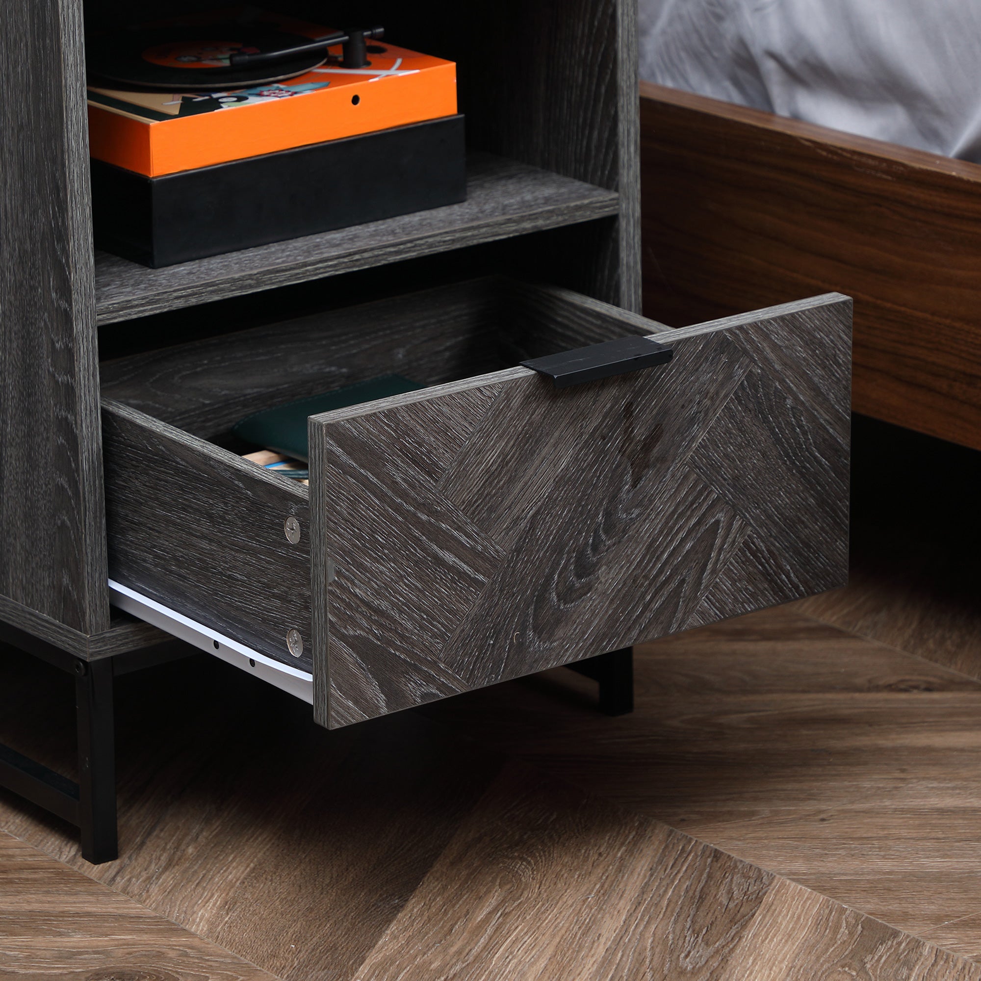 Bedside Table with Drawer and Shelf, Side End Table with Steel Legs for Living Room, Bedroom, Set of 2, Dark Grey