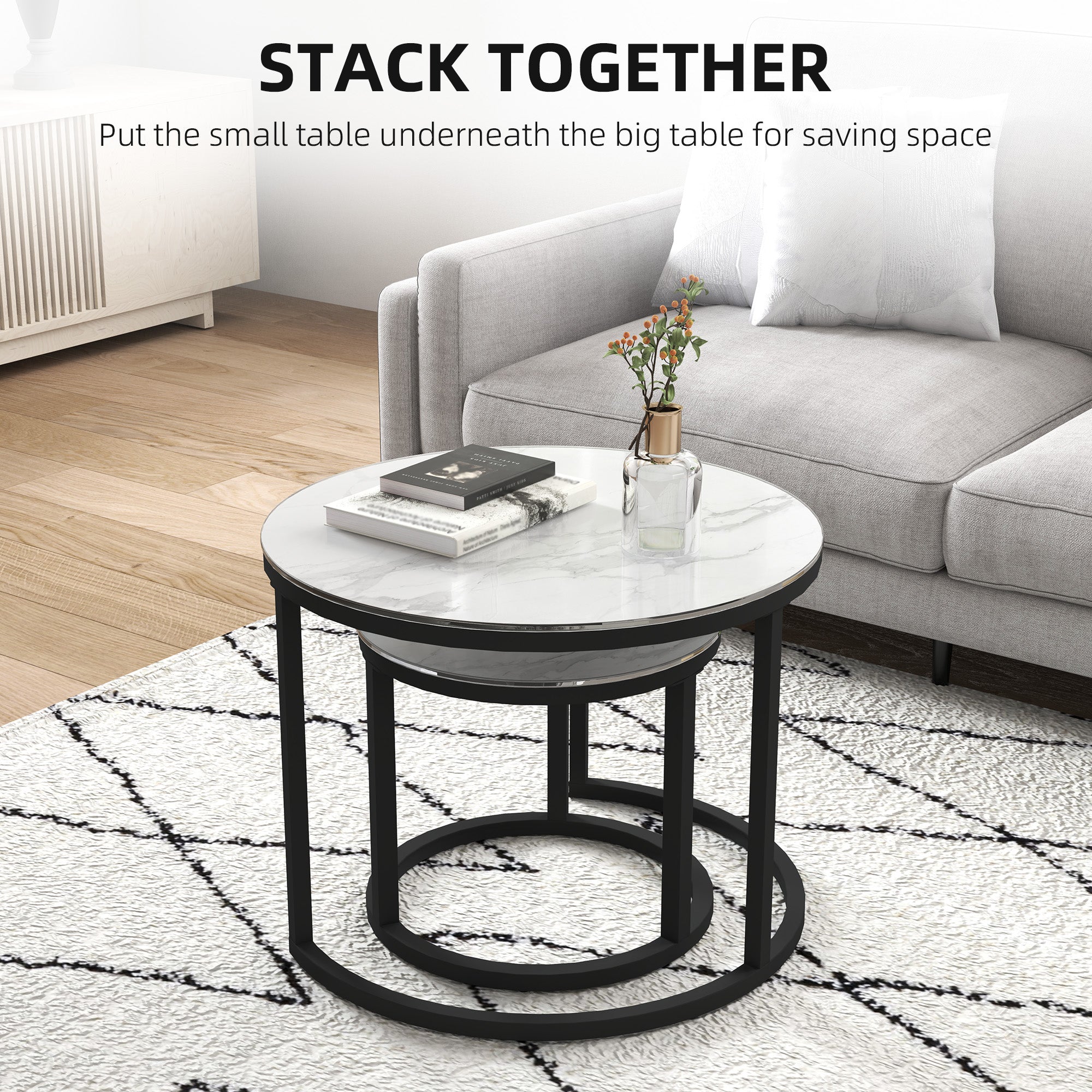 Glass Coffee Table Set of 2, Round Nest of Tables with Marble-Effect Tempered Glass Tabletop and Steel Frame, Modern Side Tables for Living Room, White