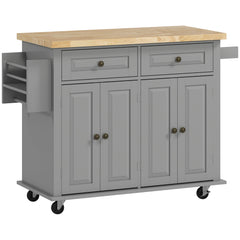 Rolling Kitchen Island Storage Trolley with Rubber Wood Top & Drawers for Dining Room, Grey
