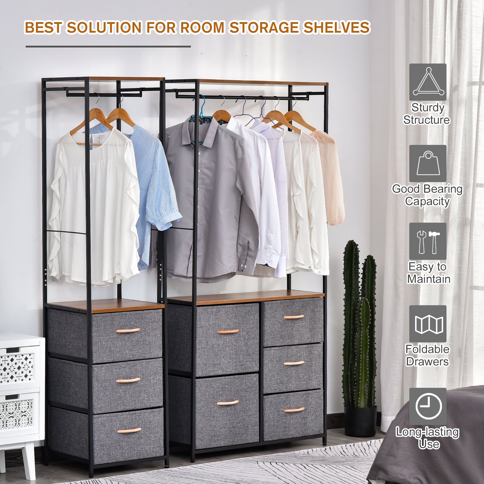 Coat Rack with 3 Drawers Storage Rack with Steel Frame for Bedroom Hallway Home Furniture Grey