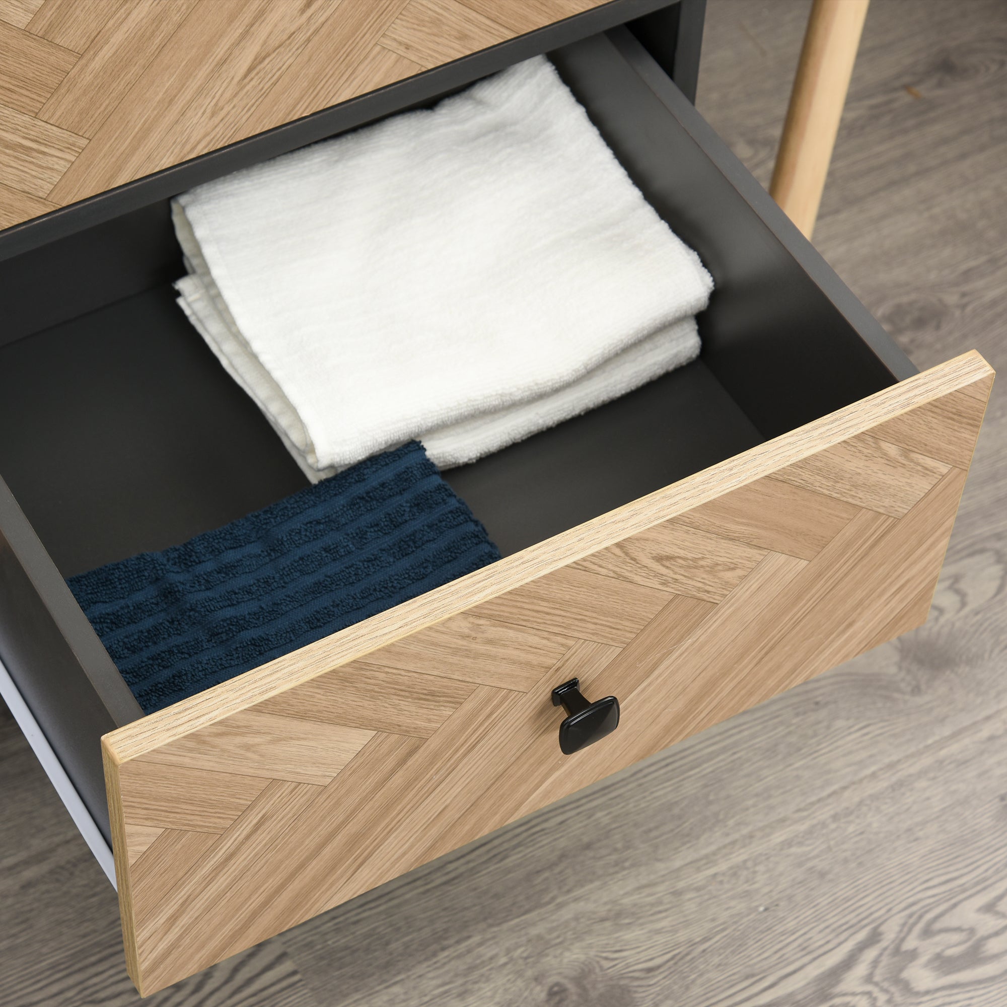Modern Wardrobe Cabinet Wood Grain Sticker Surface with Shelf, Hanging Rod and 2 Drawers 90x50x190cm